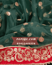 Load image into Gallery viewer, Net dupatta design 2026, latest net dupatta styles, embroidered net dupatta, bridal net dupatta design, fancy net dupatta for weddings, heavy work net dupatta, party wear net dupatta, Pakistani net dupatta trends, Indian net dupatta online, soft net dupatta designs, net dupatta with lace border, designer net dupatta collection, luxury net dupatta styles, net dupatta for lehenga, net dupatta for salwar kameez, affordable net dupatta online, hand embroidered net dupatta, net dupatta green,