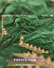 Load image into Gallery viewer, green velvet dupatta,dark green velvet dupatta,,green velvet dupatta online,velvet dupatta green,velvet green dupatta,Velvet dupatta designs 2026, bridal velvet shawl, heavy embroidered velvet dupatta, luxury velvet dupatta online, emerald green velvet dupatta, maroon bridal velvet shawl, velvet dupatta with zari work, winter wedding dupatta trends, designer velvet dupatta collection, velvet dupatta for lehenga, Pakistani velvet shawl styles, ethnic velvet wraps, velvet dupatta with scalloped border