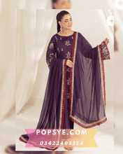 Load image into Gallery viewer, purple chiffon dupatta, pure chiffon dupatta, embroidered chiffon styles, lightweight summer wrap, scalloped lace border, floral embroidery trends 2026, deep purple chiffon, soft drape accessories, pakistani chiffon trends, minimalist ethnic wear, breezy chiffon stole, wedding guest chiffon, pastel chiffon edit, designer chiffon collection, effortless grace styling, printed chiffon dupatta, semi-formal ethnic wrap, sustainable chiffon fashion, luxury chiffon drape, eid collection 2026, flowy chiffon 