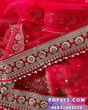 Load image into Gallery viewer, red net dupatta, Net dupatta design 2026, latest net dupatta styles, embroidered net dupatta, bridal net dupatta design, fancy net dupatta for weddings, heavy work net dupatta, party wear net dupatta, Pakistani net dupatta trends, Indian net dupatta online, soft net dupatta designs, net dupatta with lace border, designer net dupatta collection, luxury net dupatta styles, net dupatta for lehenga, net dupatta for salwar kameez, organza vs net dupatta, affordable net dupatta online, hand embroidered net dupata