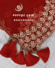 Load image into Gallery viewer, wedding red net dupatta,red net dupatta for bride,red net dupatta for lehenga,red net dupatta online,red net dupatta with golden border,Net dupatta design 2026, latest net dupatta styles, embroidered net dupatta, bridal net dupatta design, fancy net dupatta for weddings, heavy work net dupatta, party wear net dupatta, Pakistani net dupatta trends, Indian net dupatta online, soft net dupatta designs, net dupatta with lace border, designer net dupatta collection, luxury net dupatta styles