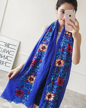Load image into Gallery viewer, Blue floral embroidered scarf for women Large size Stoles Scarves Shawls Online - popsye.com