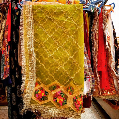 net dupatta bridal, golden net dupatta, phulkari dupatta price, punjabi dupatta, net dupatta with pearls, gota work dupatta - popsye.com